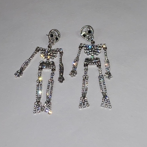 Simona Rhinestone Skeleton Corpse Earrings Silver Extra Large Dangle NEW - Picture 1 of 4